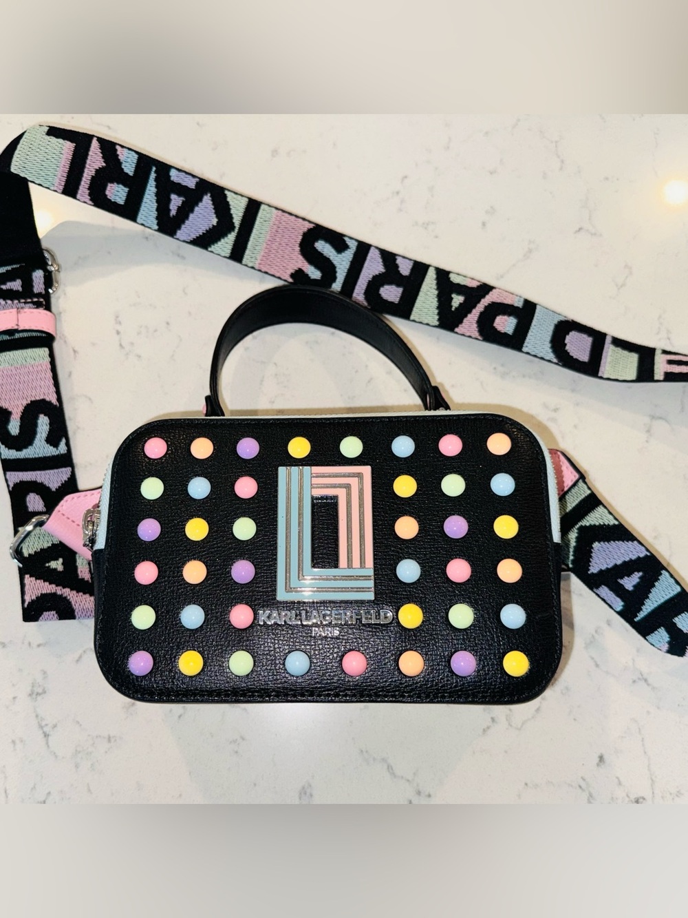 Karl Lagerfeld Simone Camera Crossbody 
Black with colorful dome studs